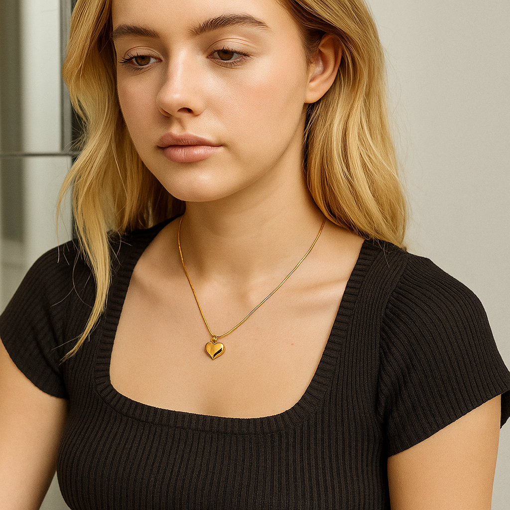 Woman wearing a black top and gold necklace with a heart pendant.