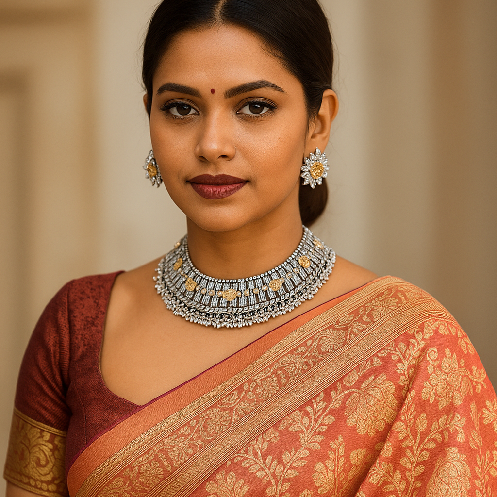Woman wearing a traditional saree with Indian traditional bridal jewelry against a neutral background