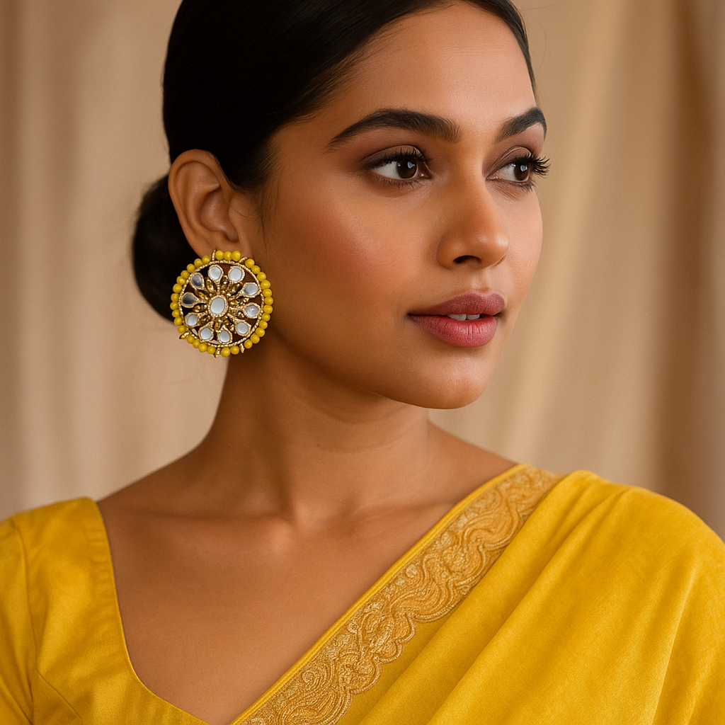 Woman wearing a yellow saree with intricate patterns and gold yellow cora ethnic earrings against a beige background