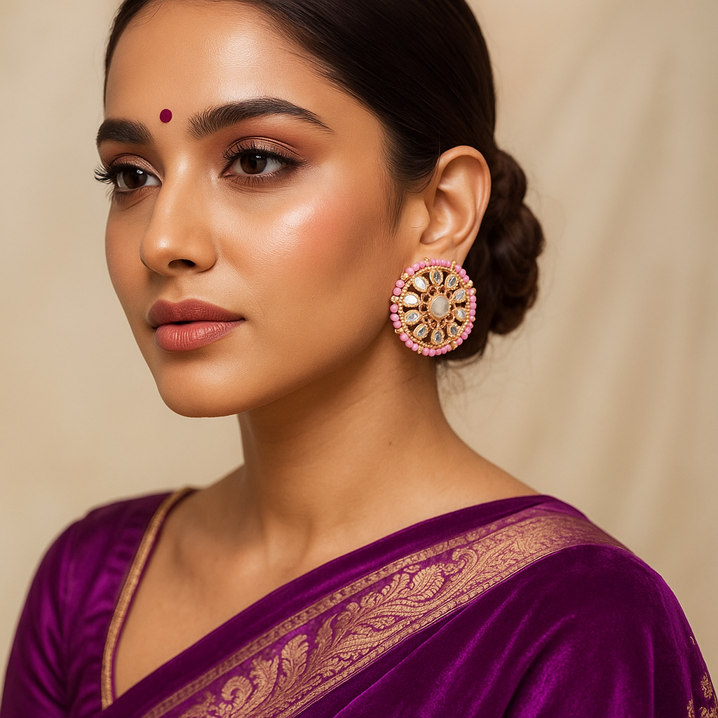 Woman wearing a purple saree with gold patterns and pink cora hoop earrings against a beige background