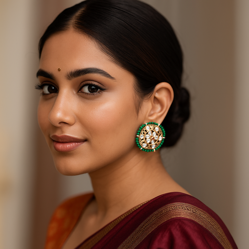 Woman wearing a maroon saree with gold border and green and gold earrings against a neutral background