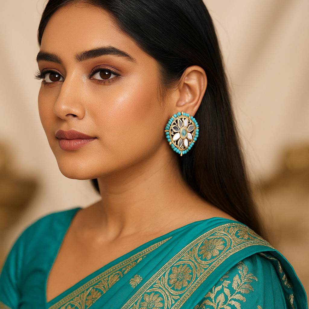 Woman wearing a teal saree with gold patterns and turquoise earrings against a beige background