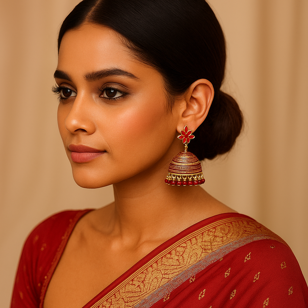 Woman wearing a red saree with gold patterns and red Indian Bridal jhumka earrings against a beige background