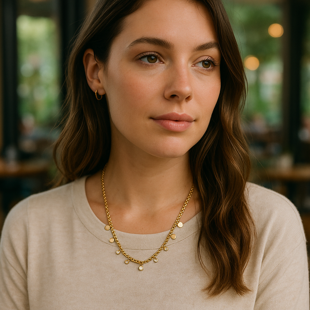 Woman wearing a gold necklace in an indoor setting