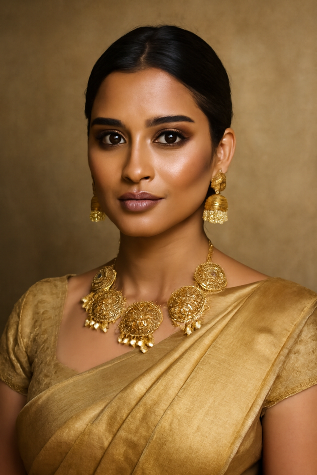Woman wearing gold jewelry against a beige background