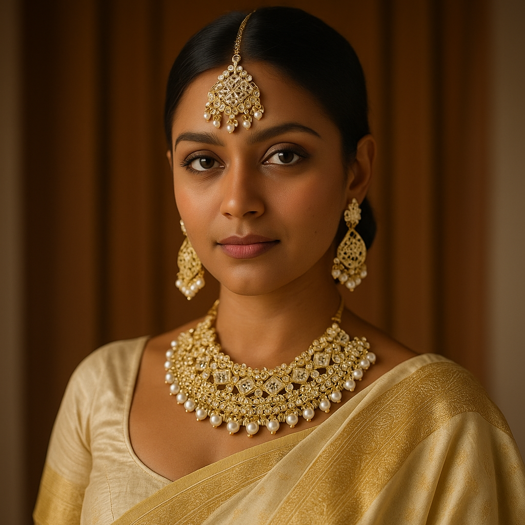 Woman wearing traditional gold jewelry against a warm brown background