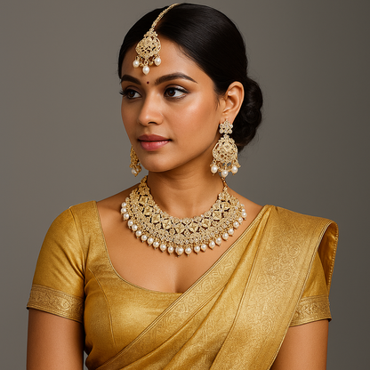 Woman wearing 18kt gold plated jewelry and a saree against a gray background