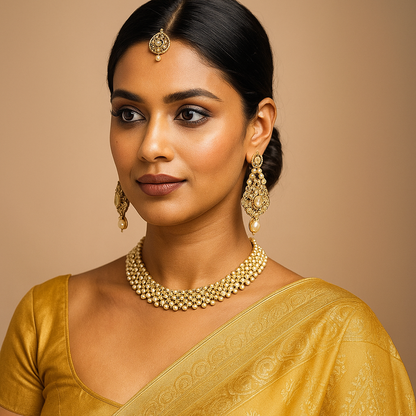 Woman wearing gold jewelry and a yellow saree against a beige background