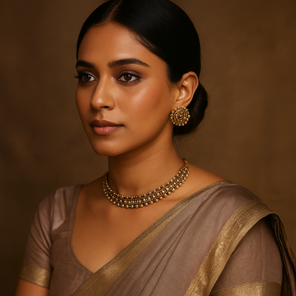 Woman wearing a traditional saree with Bridal ethnic jewelry against a brown background