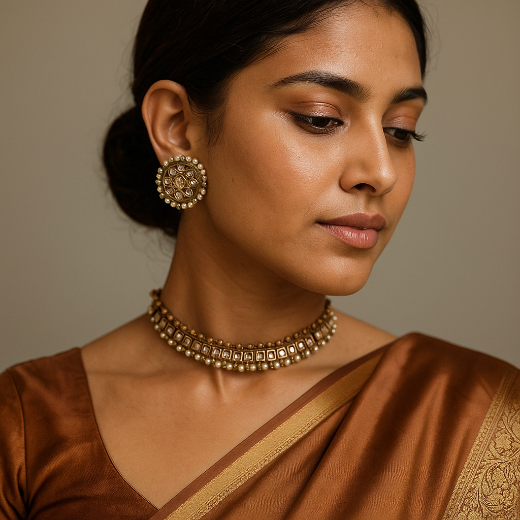 Woman wearing traditional Indian Pakistani jewelry and a brown saree against a neutral background