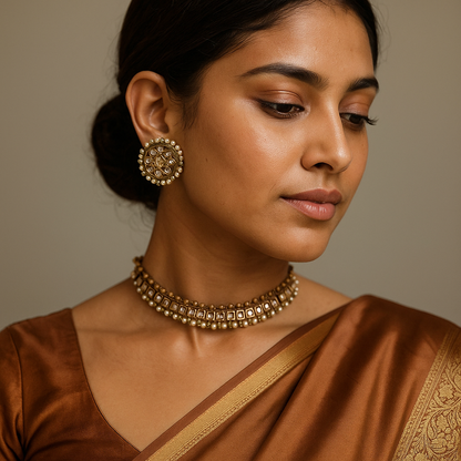 Woman wearing traditional Indian Pakistani jewelry and a brown saree against a neutral background