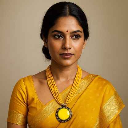 Woman wearing a yellow saree with a matching necklace against a beige background