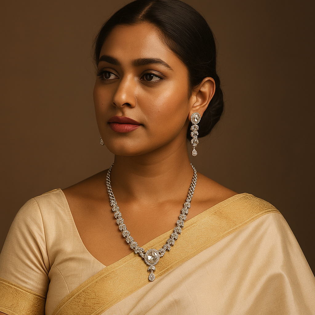 Woman wearing a beige saree with jewelry against a brown background