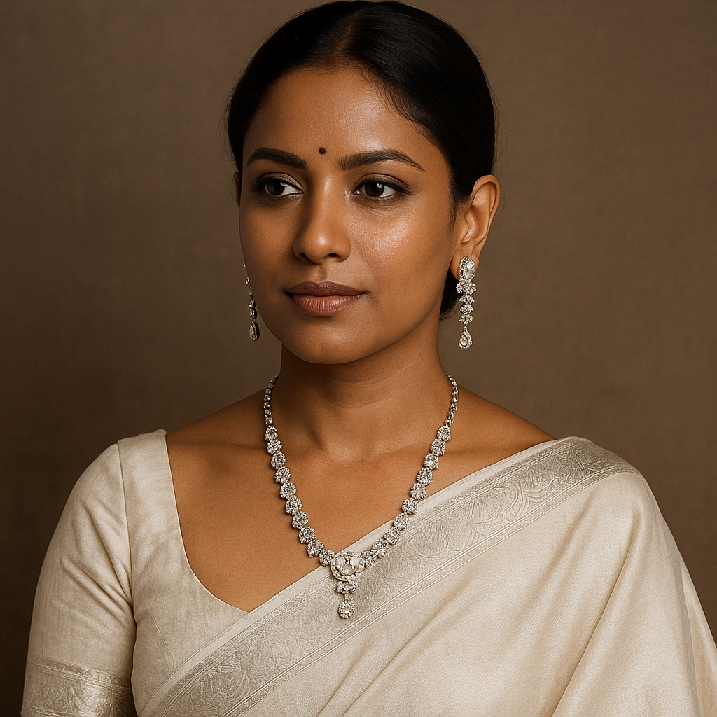 Woman wearing a beige saree with jewelry against a brown background