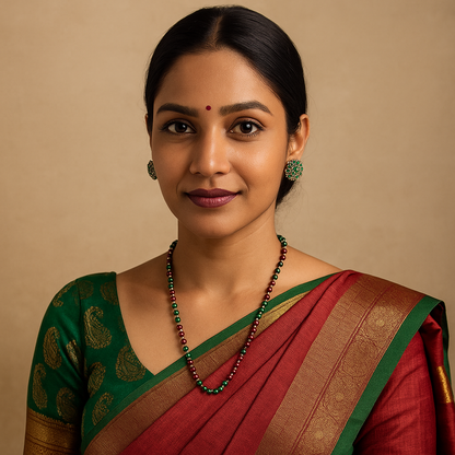 Woman wearing a traditional saree with a beige background