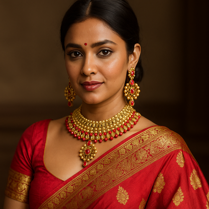 Woman wearing a red saree with gold jewelry against a brown background