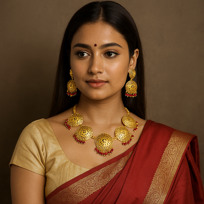 Woman wearing gold jewelry and a red saree against a brown background