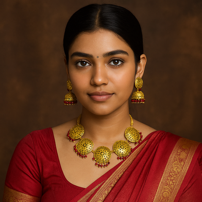 Woman wearing gold jewelry and a red saree against a brown background
