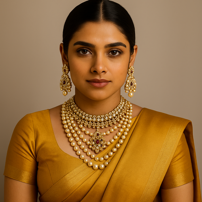 Woman wearing gold jewelry including a necklace, earrings, and a saree against a beige background
