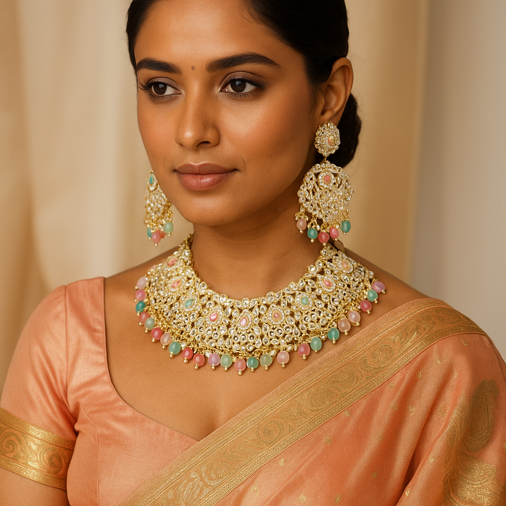 Woman wearing traditional jewelry and a saree against a beige background