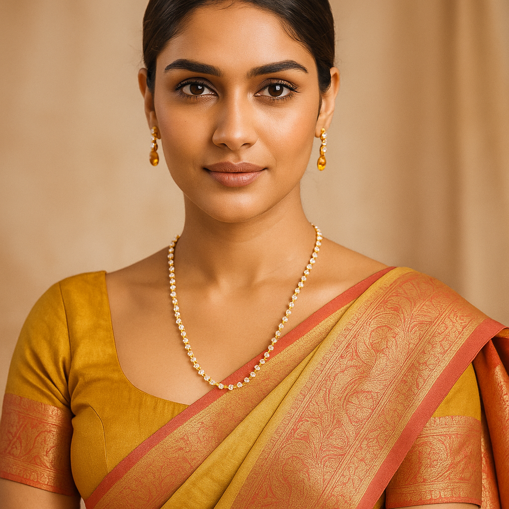 Woman wearing a traditional saree with a gold blouse against a beige background