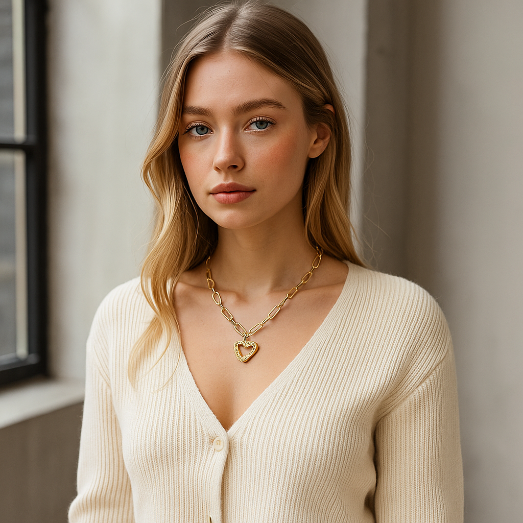 Woman wearing a 18kt gold chain necklace with a heart pendant in a neutral setting