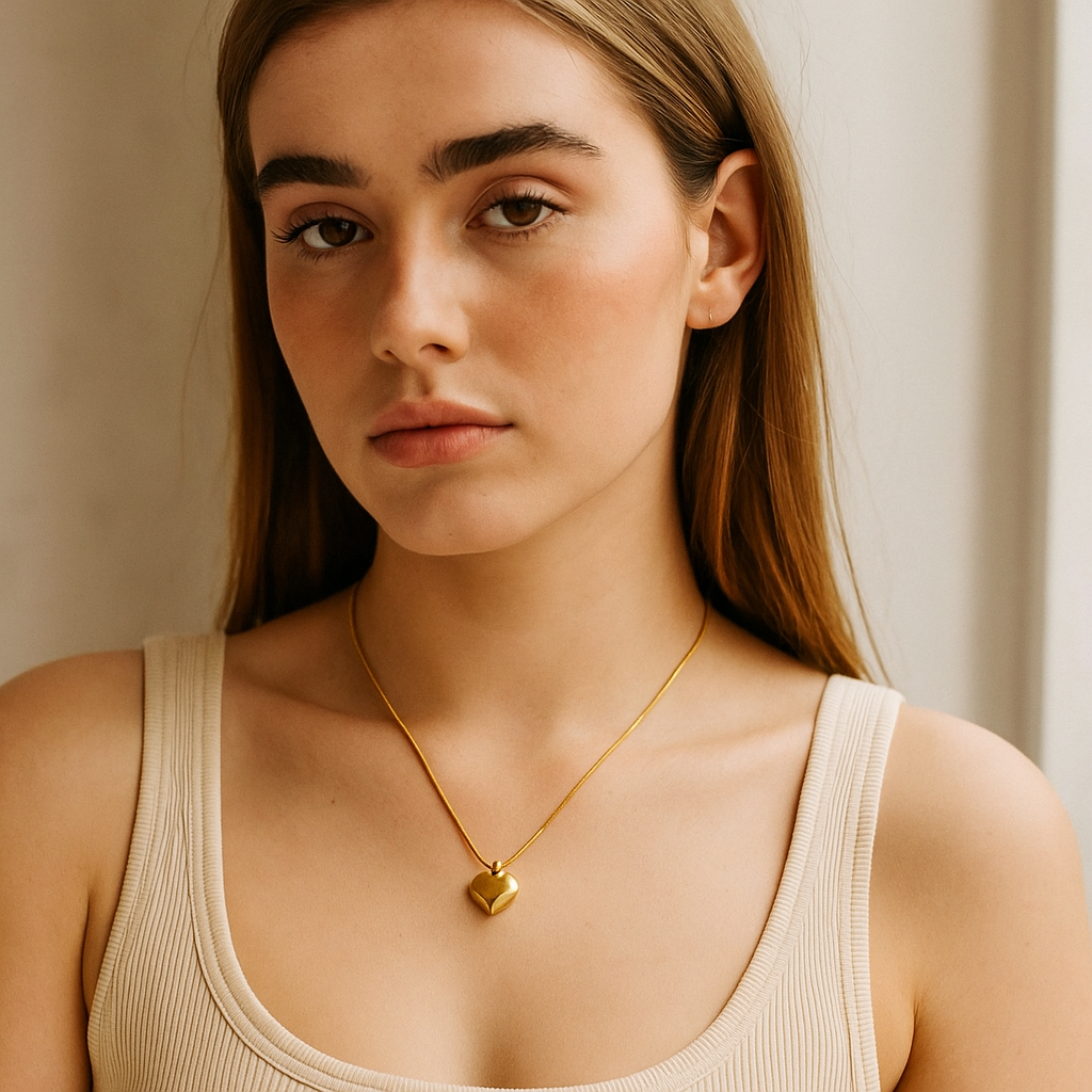 Woman wearing a gold necklace with a heart pendant against a neutral background