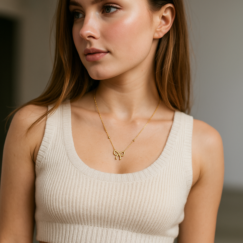Woman wearing a beige tank top and gold necklace with a bow pendant.