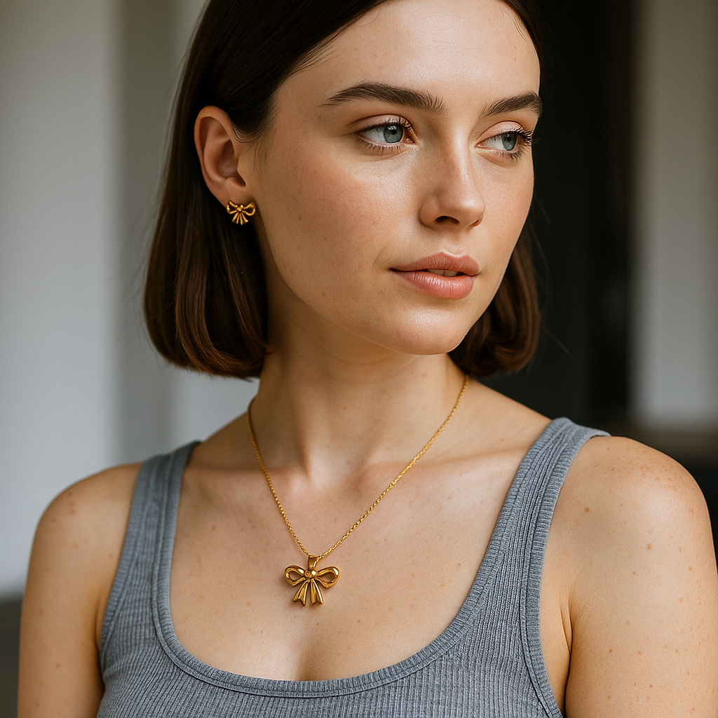 Woman wearing a gold necklace with a bow pendant and matching earrings.