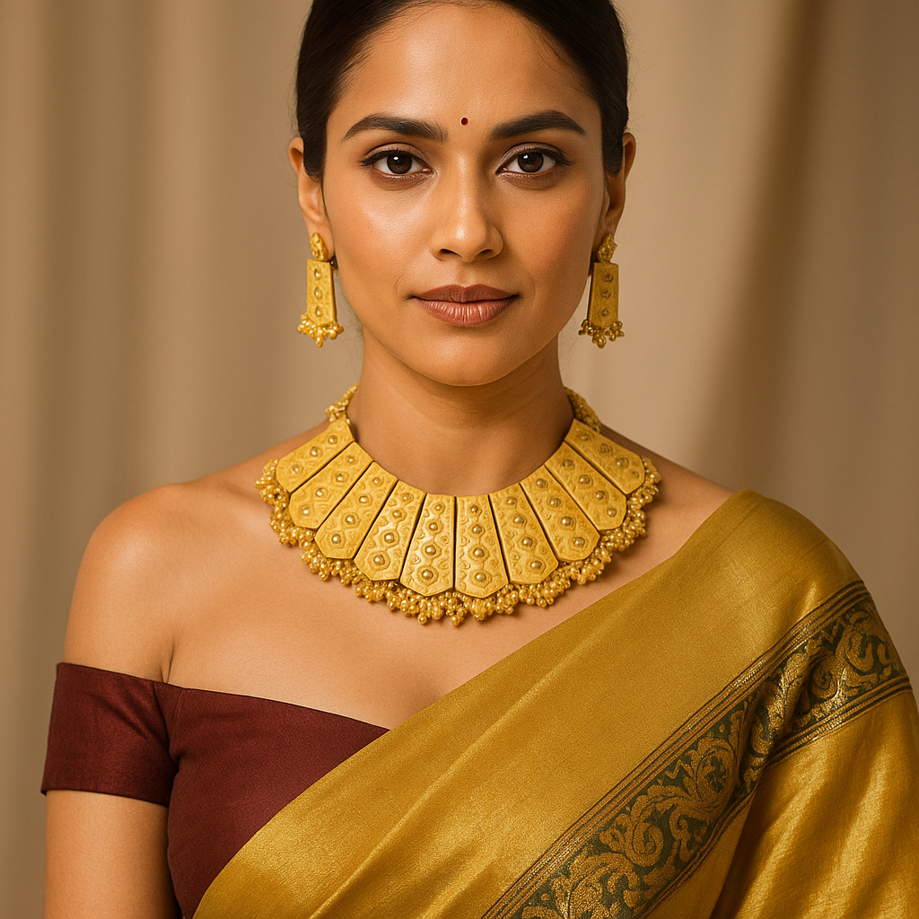 Woman wearing a Indian traditional Meenakari necklace jewellery set and earrings with a brown and gold saree against a beige background