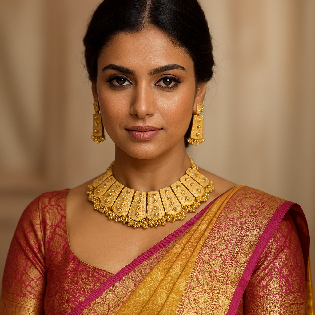 Woman wearing a traditional Indian traditional Meenakari necklace jewellery and earrings with a saree against a beige background