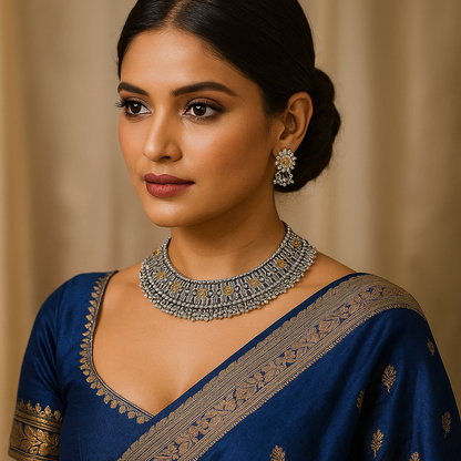 Woman wearing a blue saree with gold embroidery and a silver necklace against a beige background