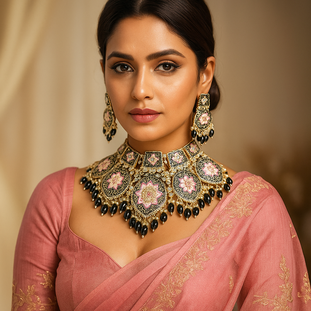 Woman wearing a traditional pink saree with meenakari necklace jewelry set against a beige background