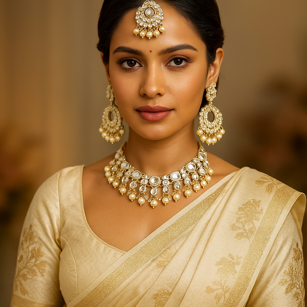 Woman wearing traditional handmade ethnic jewellery UK Indian jewelry and attire with a blurred background