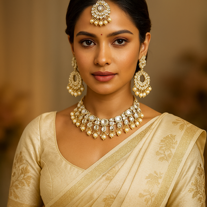 Woman wearing traditional handmade ethnic jewellery UK Indian jewelry and attire with a blurred background