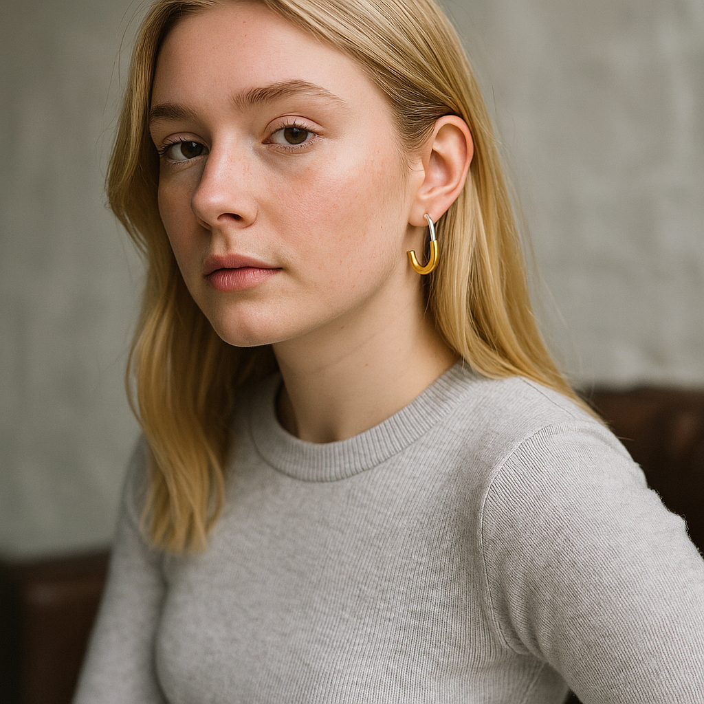 Woman wearing 18K gold hoop earrings with a neutral background