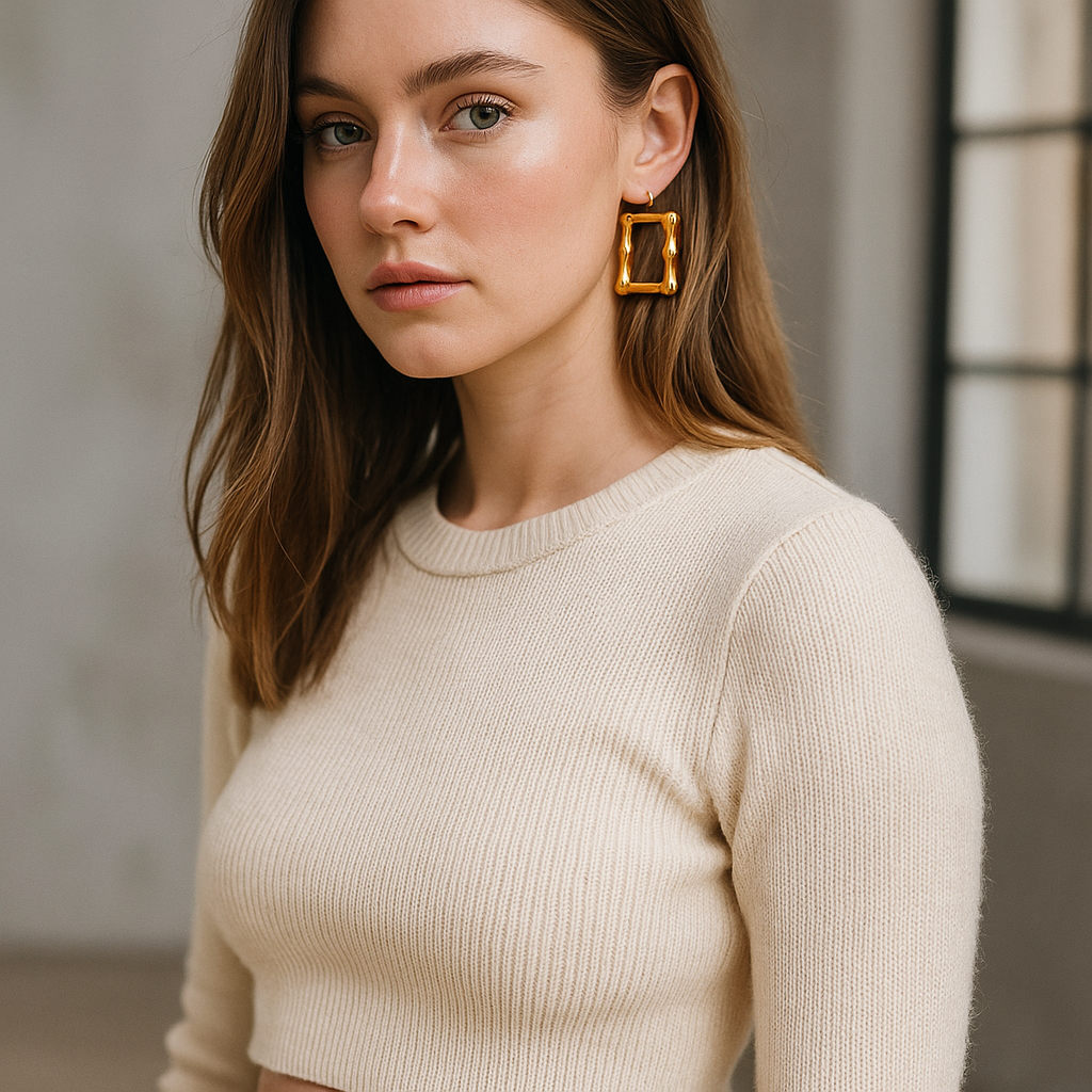 Woman wearing a beige sweater and gold earrings against a neutral background