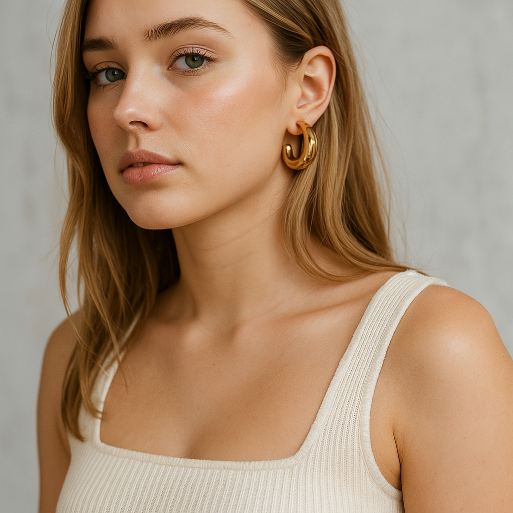 Woman wearing 18K women's gold hoop earrings against a neutral background