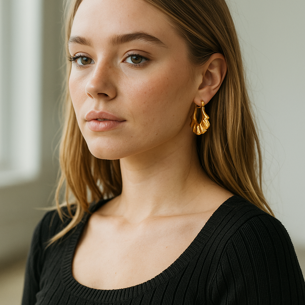 Woman wearing gold earrings with a neutral background
