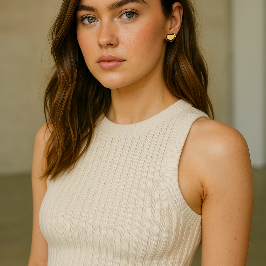 Woman wearing a beige sleeveless top with a neutral background