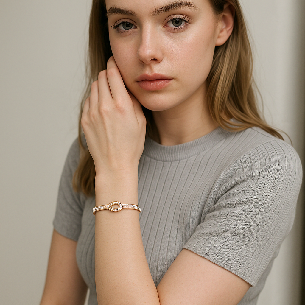 Woman wearing a A gold-colored bangle bracelet with a link design and zirconia stone on a neutral background.