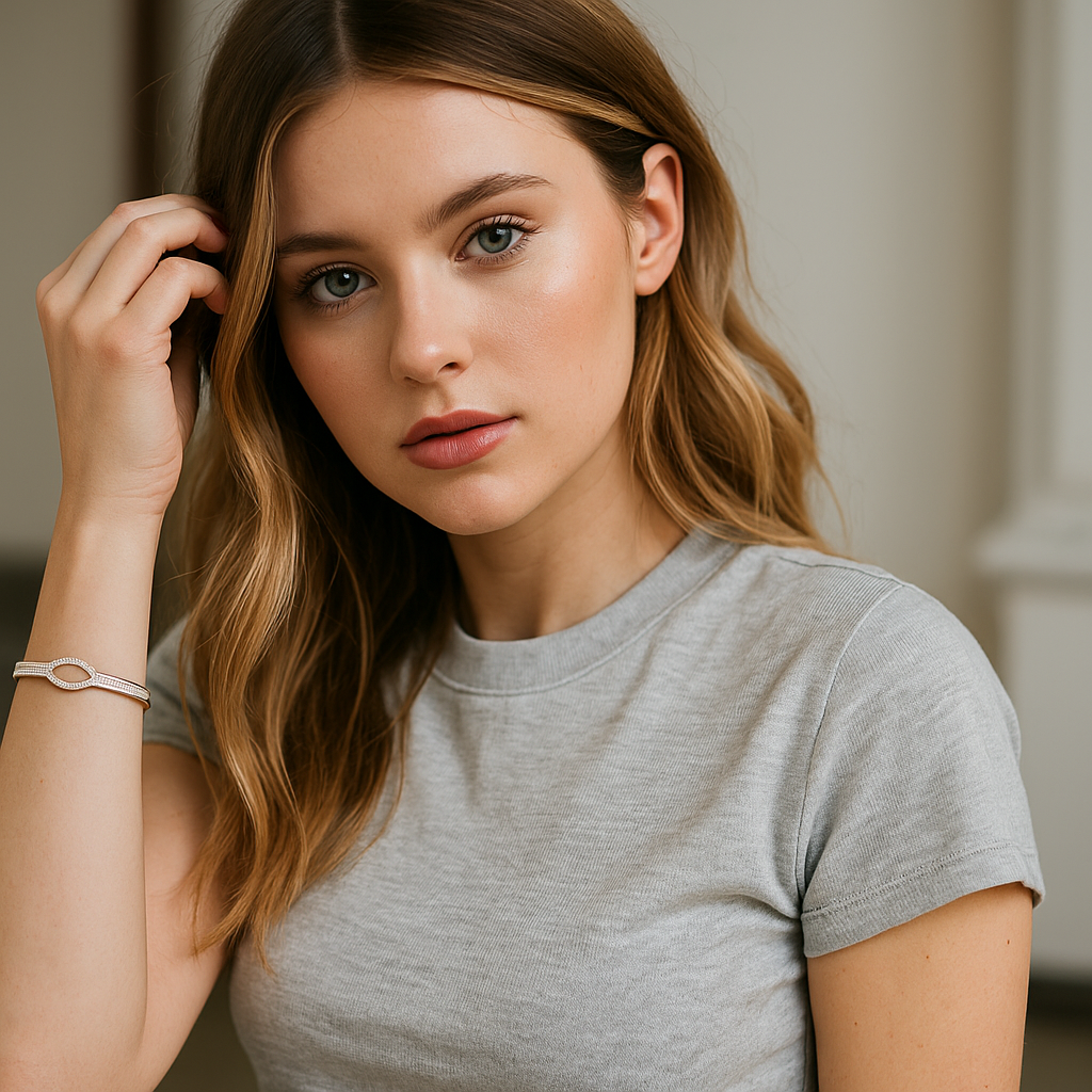 Woman wearing a gray t-shirt with a blurred background with A gold-colored bangle bracelet with a link design and zirconia stones