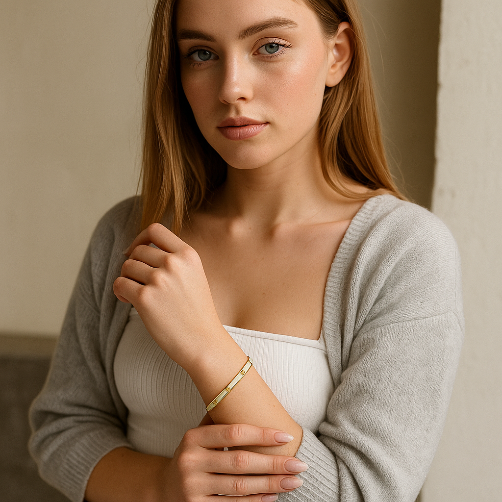 Woman wearing a 18K gold bracelet, wearing a light gray sweater over a white top.