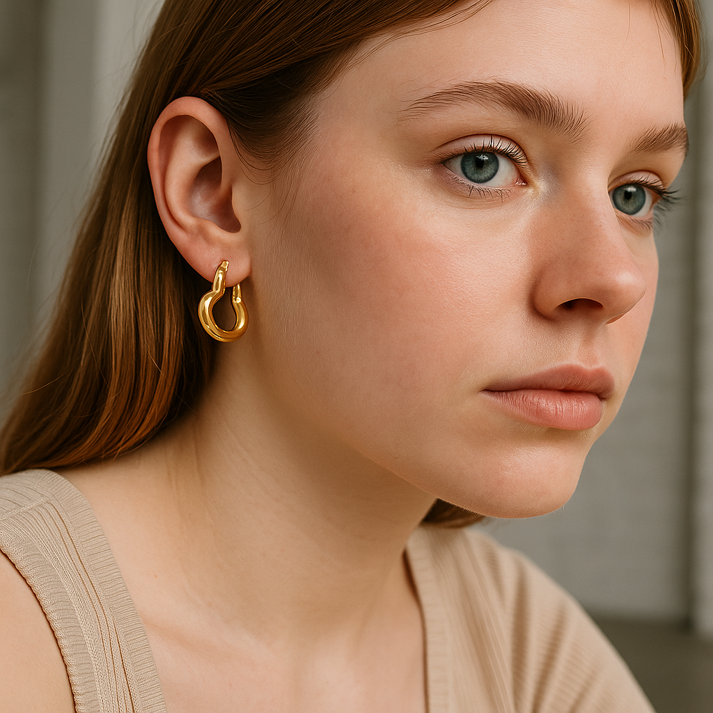 Close-up of a woman wearing gold hoop earrings with a neutral background