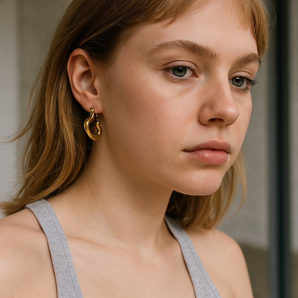 Close-up of a woman wearing gold hoop earrings with a neutral background