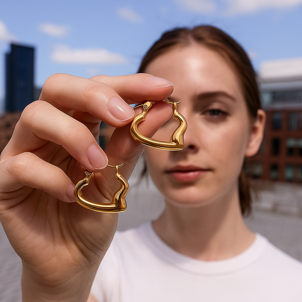 Woman holding gold hoop earrings with a blurred cityscape background