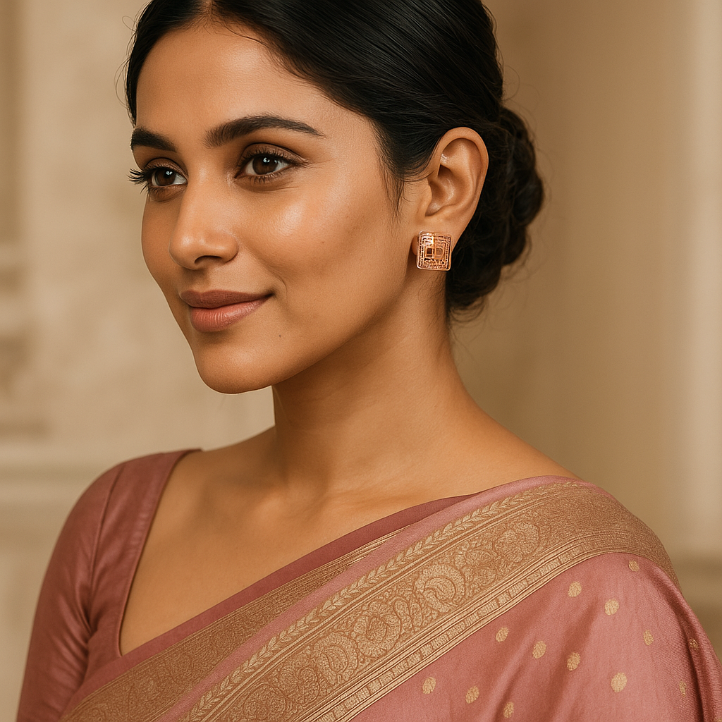Woman wearing a traditional saree with a neutral background