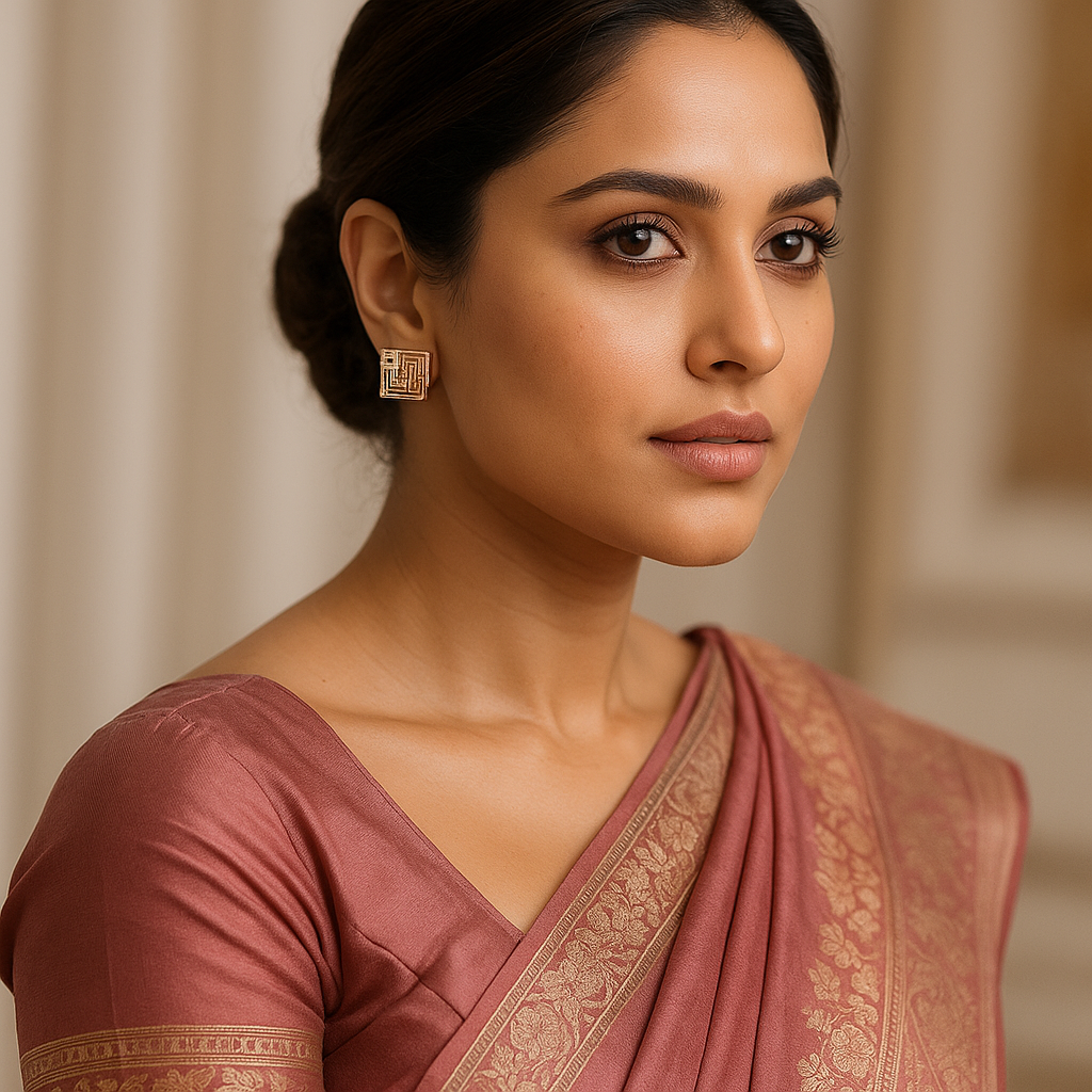 Woman wearing a maroon saree with gold patterns against a neutral background