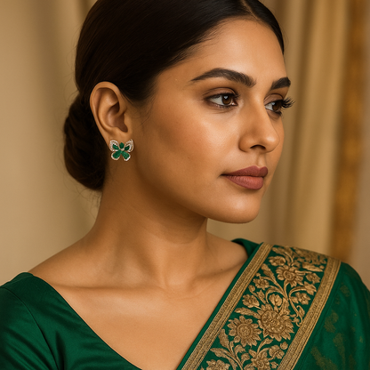 Woman wearing a green saree with Butterfly Traditional Stud earring