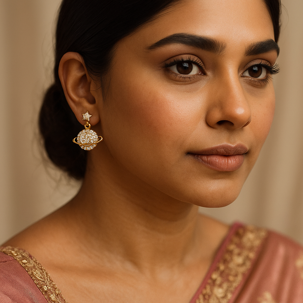 Woman wearing gold earrings and a traditional outfit with a neutral background